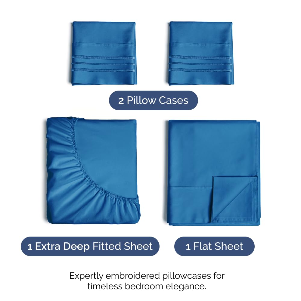 Extra Deep Pocket King Sheets - 4 Piece Breathable & Cooling Bed Sheets - Hotel Luxury Bed Sheet Set - Soft, Wrinkle Free & Comfy - Easily Fits Extra Deep Mattresses - Deep Pocket Royal Blue Sheets