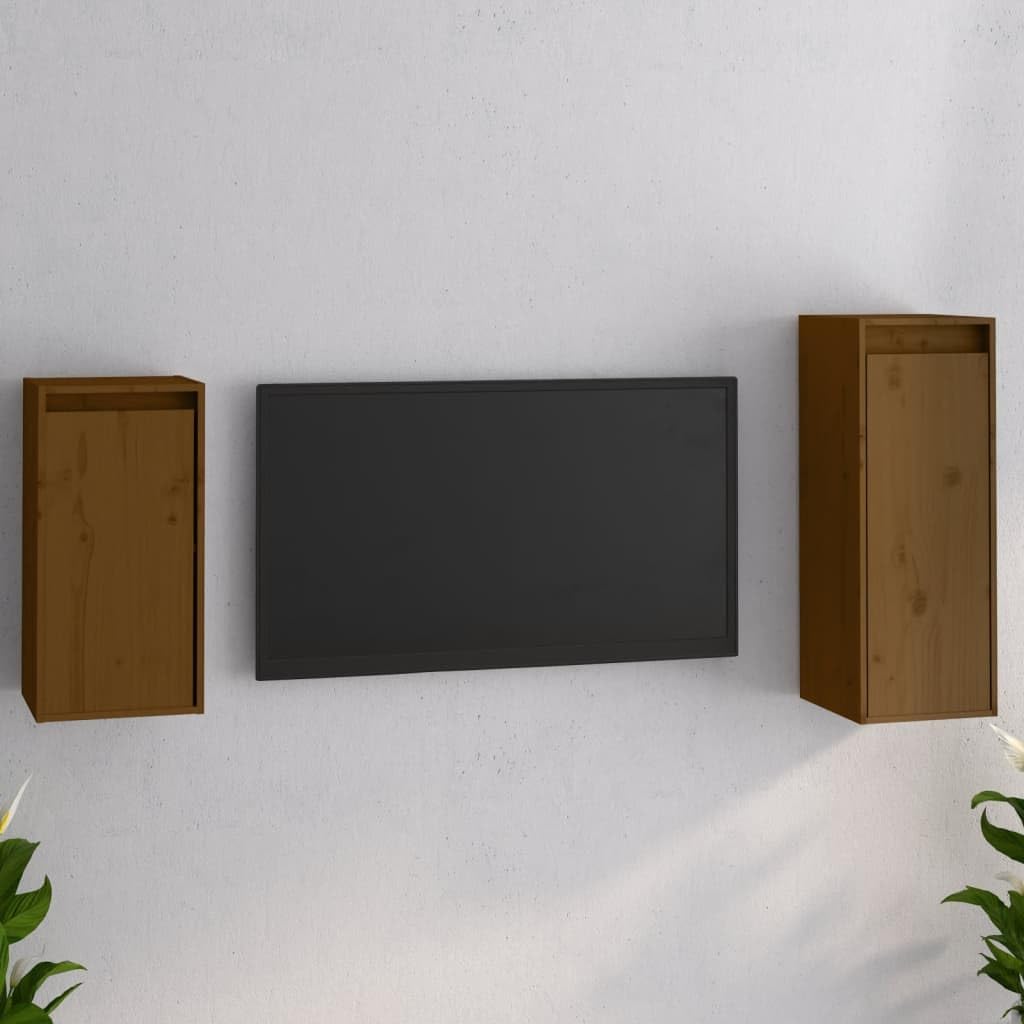 vidaXL TV Stand 2 Pcs, Wall Mounted Entertainment Center TV Console with Storage, Floating TV Stand for Living Room, Honey Brown Solid Wood Pine