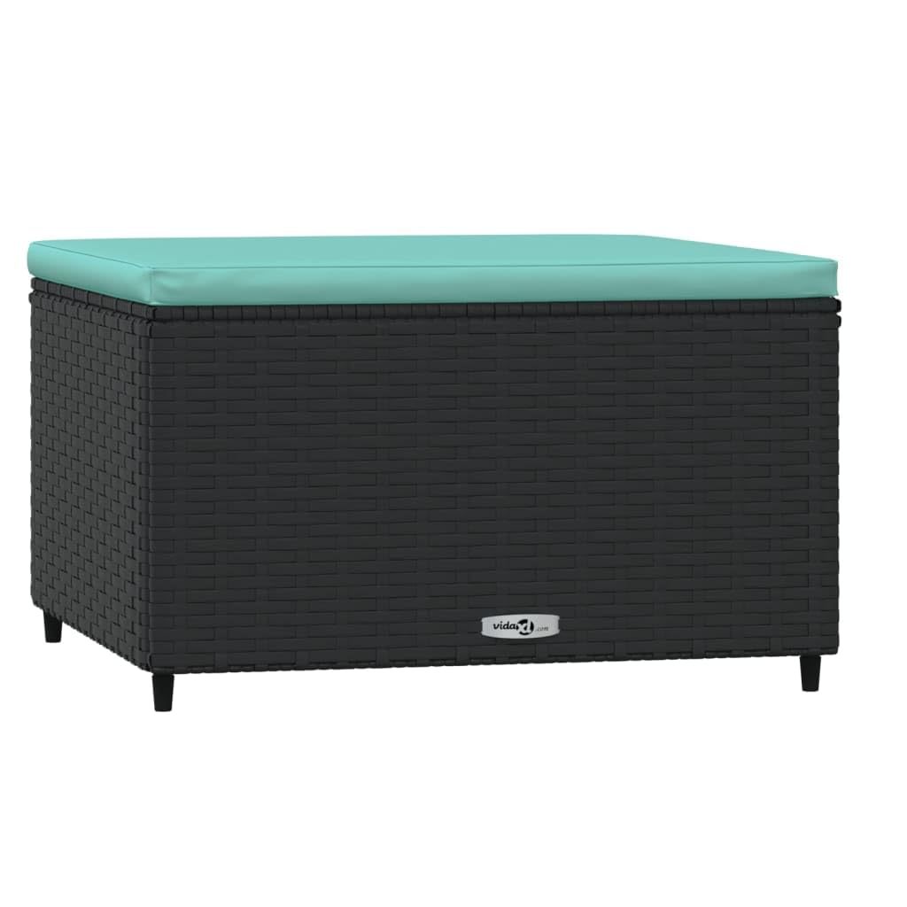 vidaXL Patio Footrest with Water Blue Cushion – Modular Outdoor Furniture Piece – Black PE Rattan Footstool with Powder Coated Steel Frame for Garden, Lounge.