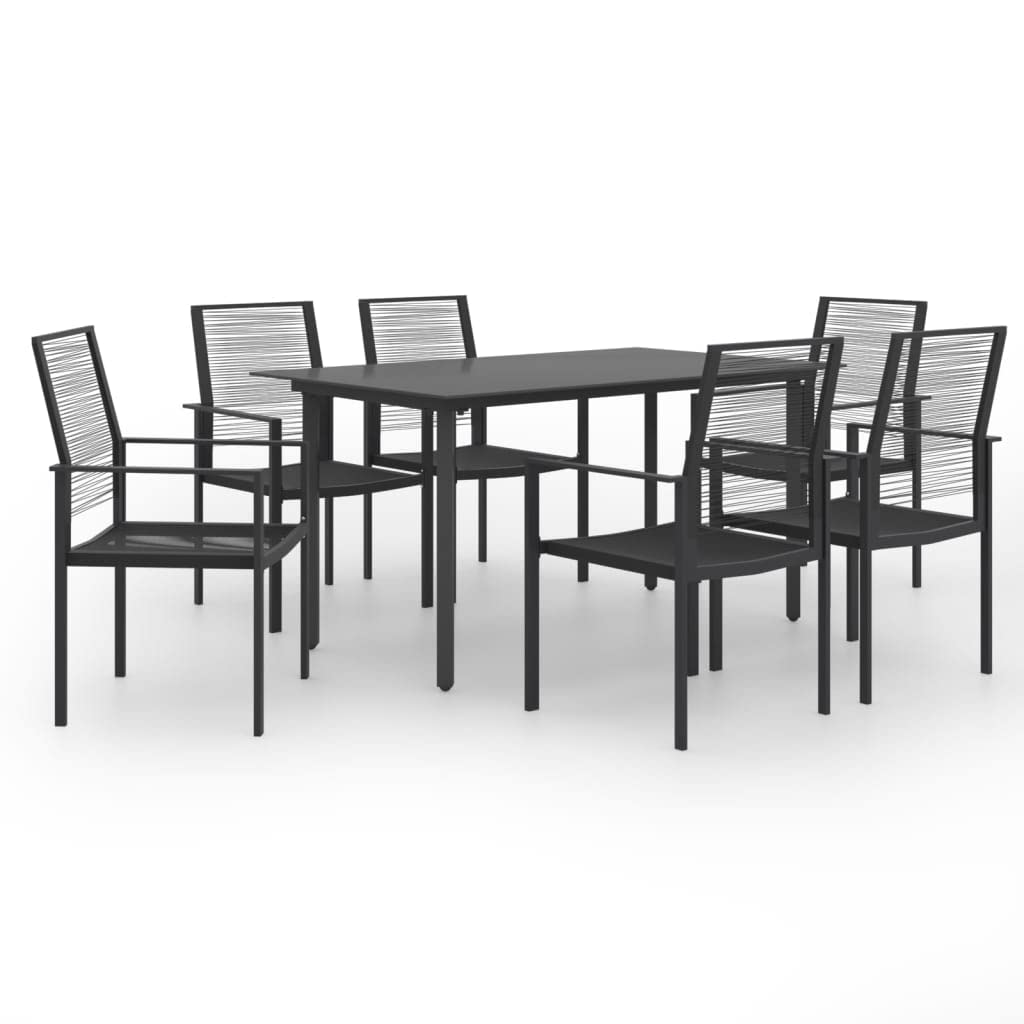 vidaXL 7 Piece Black Patio Dining Set with Glass Table and PVC Rattan Chairs - Sturdy, Weather-Resistant Outdoor Furniture