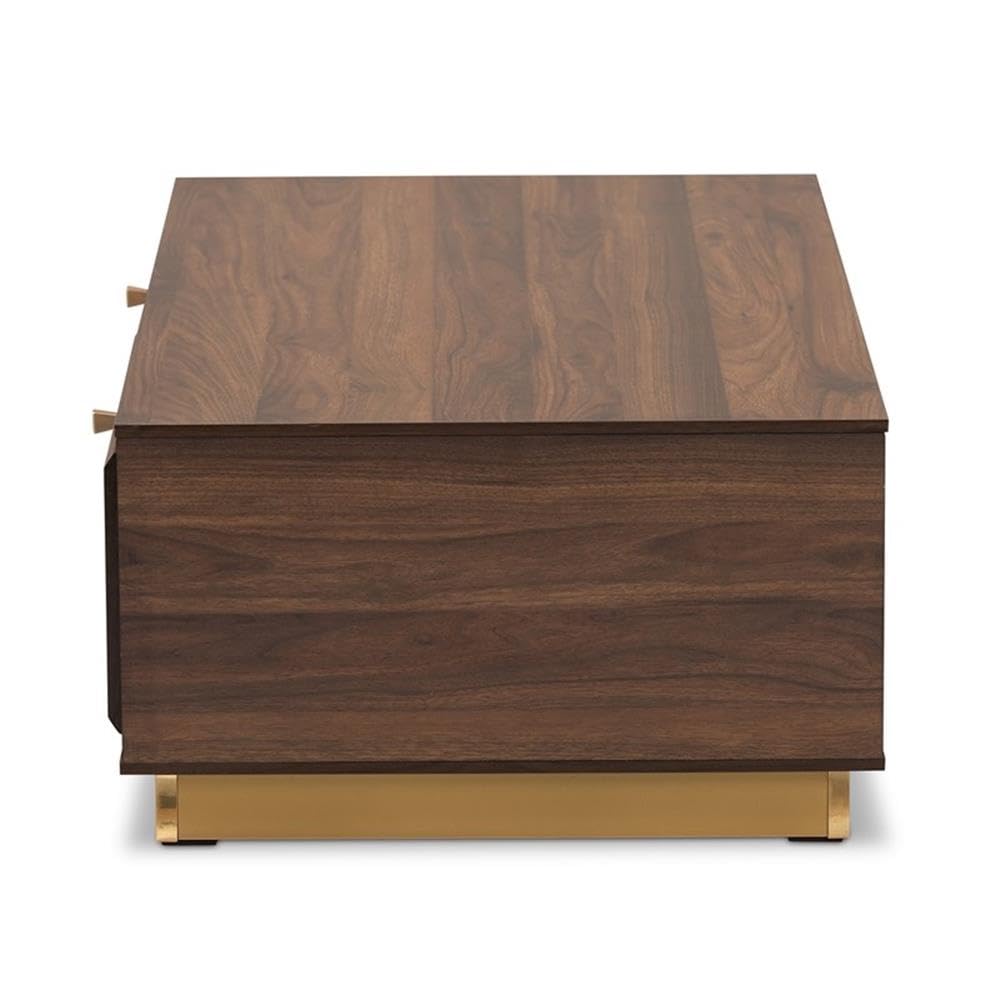Baxton Studio Cormac Mid-Century Modern Transitional Walnut Brown Finished Wood and Gold Metal 2-Drawer Coffee Table