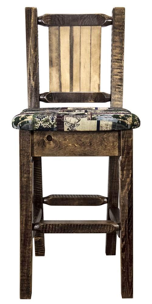 Montana Woodworks Homestead Collection Counter Height Barstool with Upholstered Seat, Woodland Pattern, Laser Engraved Elk Design, Stained & Lacquered