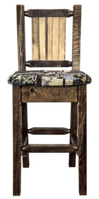 Montana Woodworks Homestead Collection Counter Height Barstool with Upholstered Seat, Woodland Pattern, Laser Engraved Elk Design, Stained & Lacquered