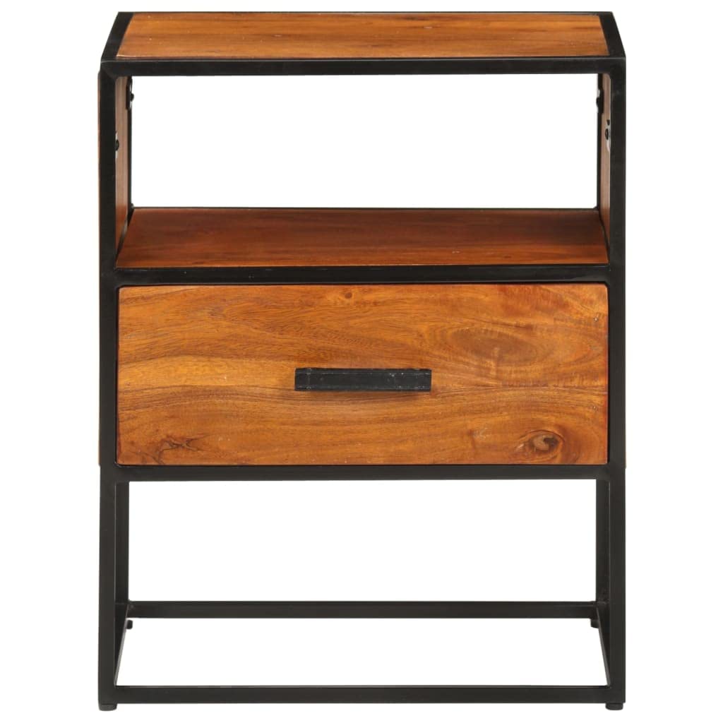 vidaXL Solid Acacia Wood Bed Cabinet with Iron Legs, Elegant Vintage-Industrial Style, Featuring Spacious Drawer and Compartment for Storage