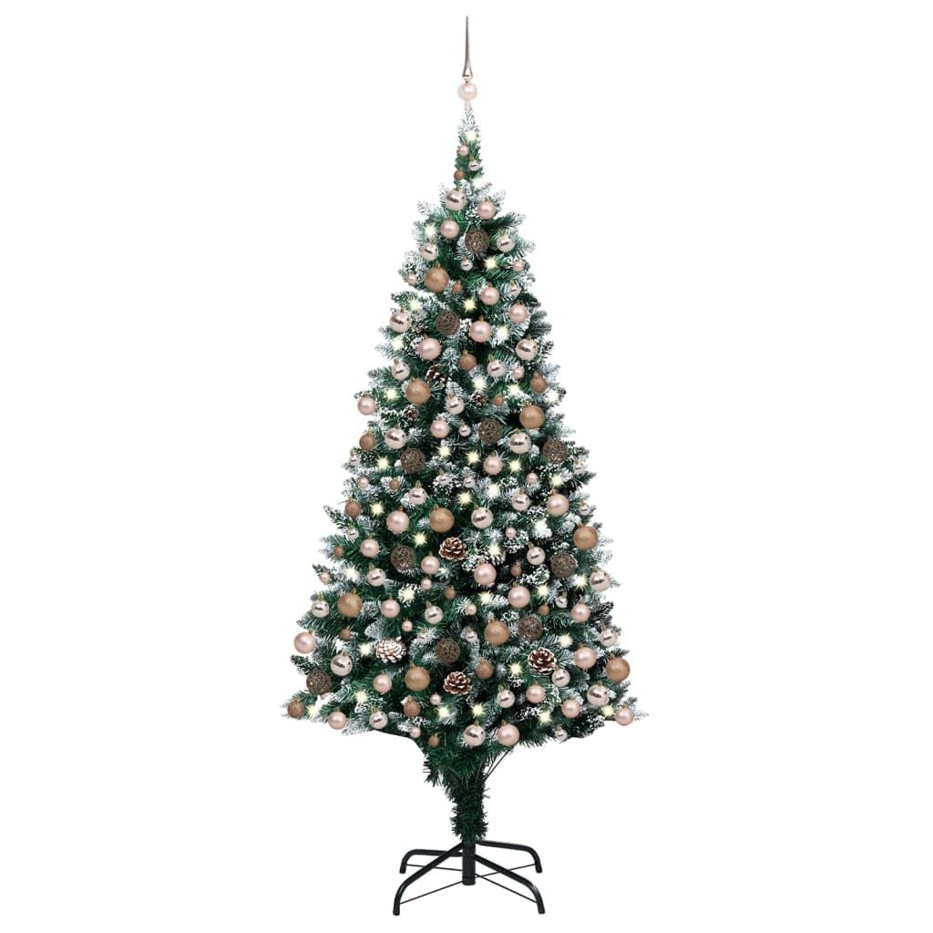 vidaXL 94.5&quot; Artificial Christmas Tree - Features LED Lights, Decorative Balls, Pine Cones and Snow-Tipped Branches - PVC, Steel, Plastic, Green and White