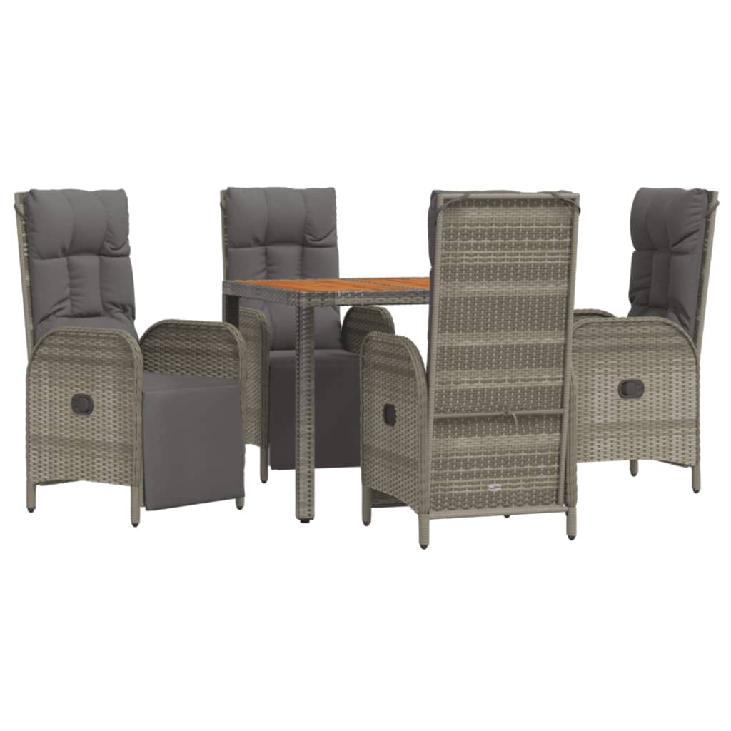 Vidaxl 5-Piece Outdoor Patio Dining Set - Gray Poly Rattan With Reclining Chairs, Acacia Wood Tabletop, & Comfy Cushions For Garden/Deck