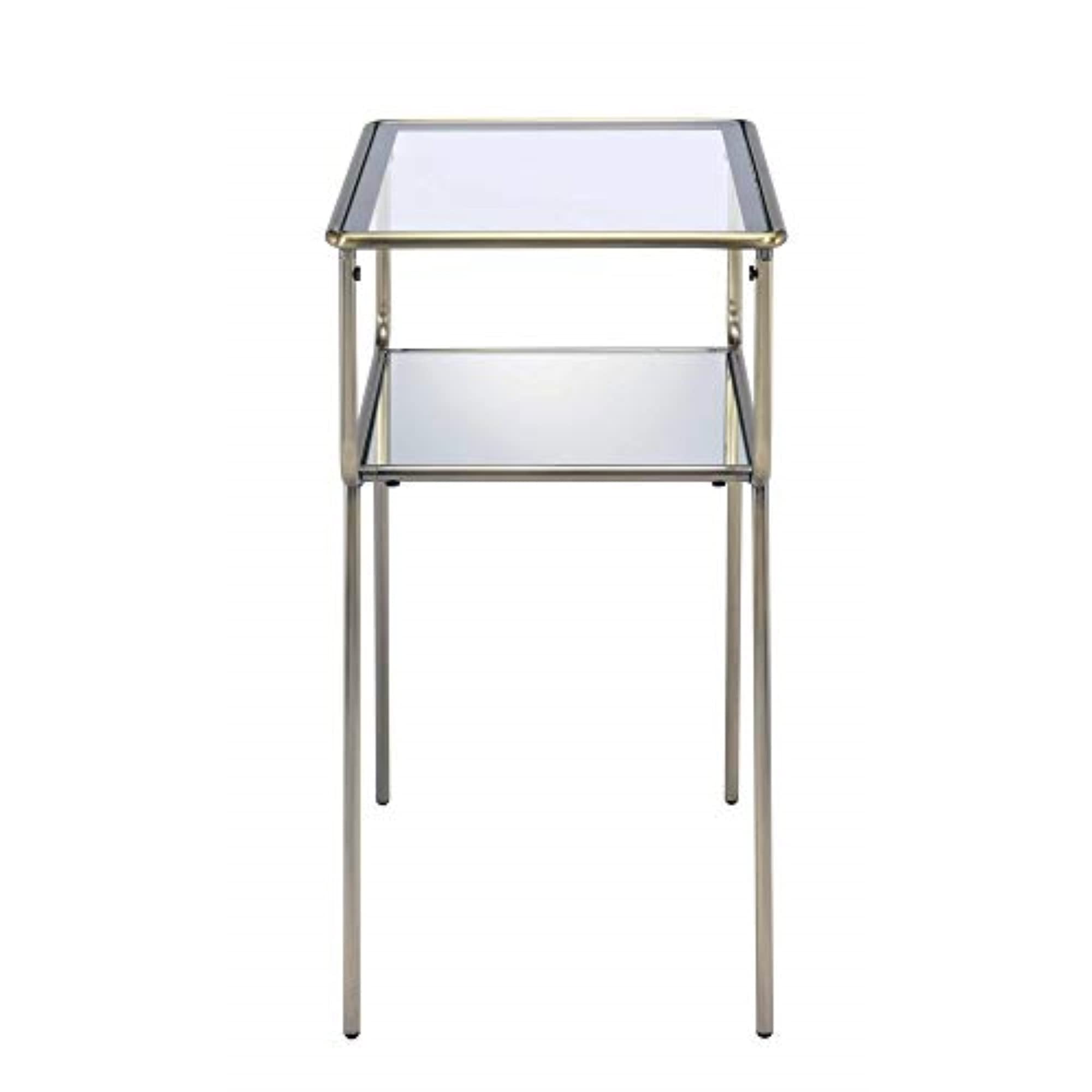 Acme Rhodie Rectangular Glass Top End Table with Mirror Shelf in Antique Brass