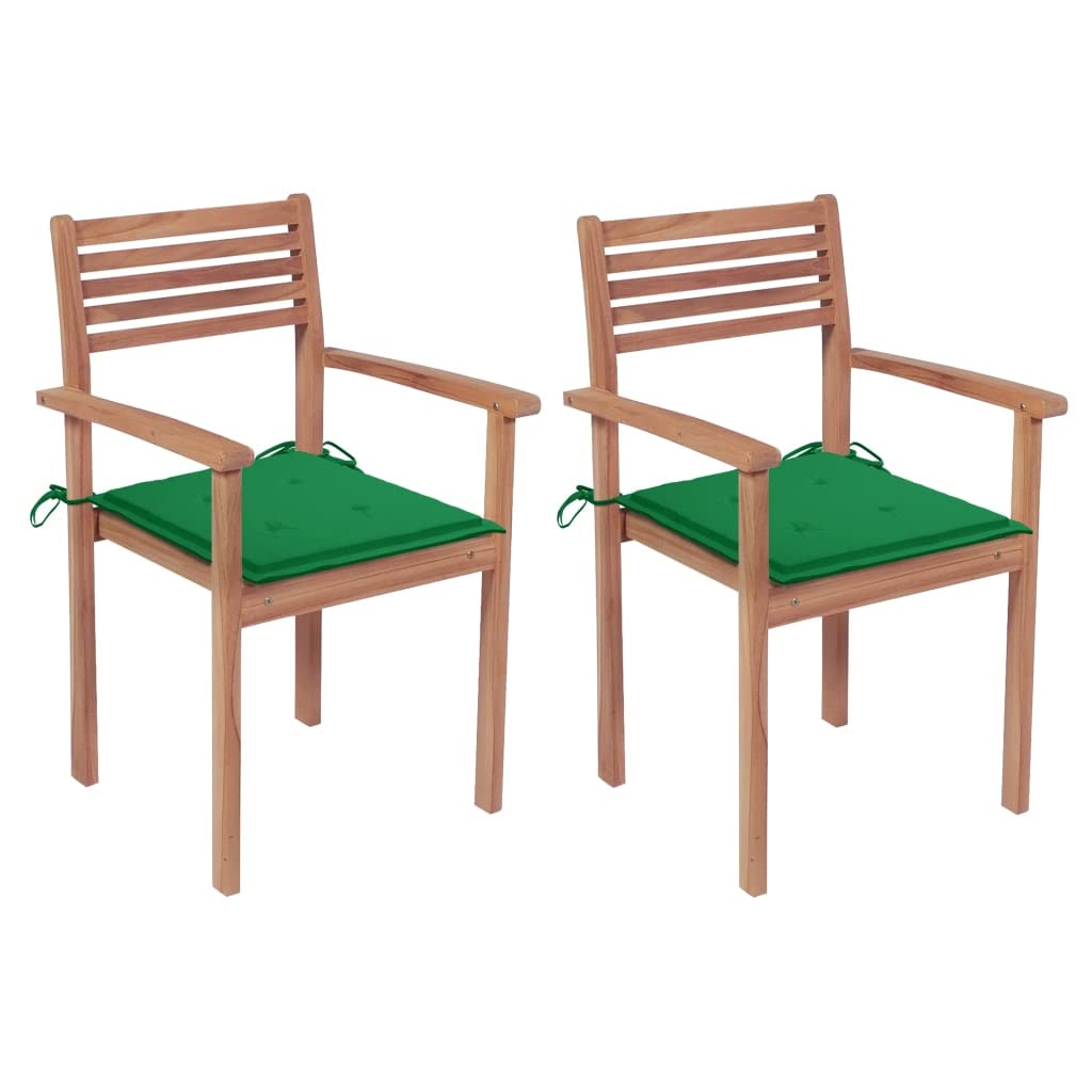 vidaXL Solid Teak Wood Patio Chairs with Comfy Green Cushions (Set of 2) - Weather-Resistant Outdoor Furniture for Home, Office or Cafe