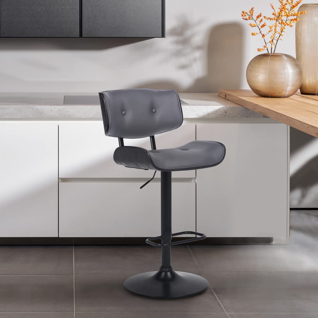 HomeRoots Wood, Metal, Foam Faux Leather Adjustable Gray Tufted Faux Leather and Black Wood Swivel Barstool.