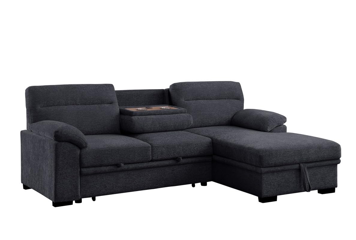 Lilola Home Kipling II 92.5" W Dark Gray Chenille Fabric Sleeper Sectional Sofa with Right-Facing Chaise, Cupholders, USB Charging Port