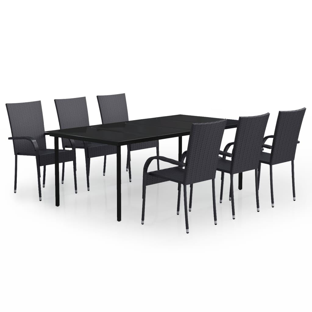 vidaXL 7-Piece Outdoor Patio Dining Set – Black, Powder-Coated Steel, Glass and PE Rattan Material, Easy to Assemble