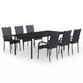 vidaXL 7-Piece Outdoor Patio Dining Set – Black, Powder-Coated Steel, Glass and PE Rattan Material, Easy to Assemble