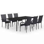 vidaXL 7-Piece Outdoor Patio Dining Set – Black, Powder-Coated Steel, Glass and PE Rattan Material, Easy to Assemble