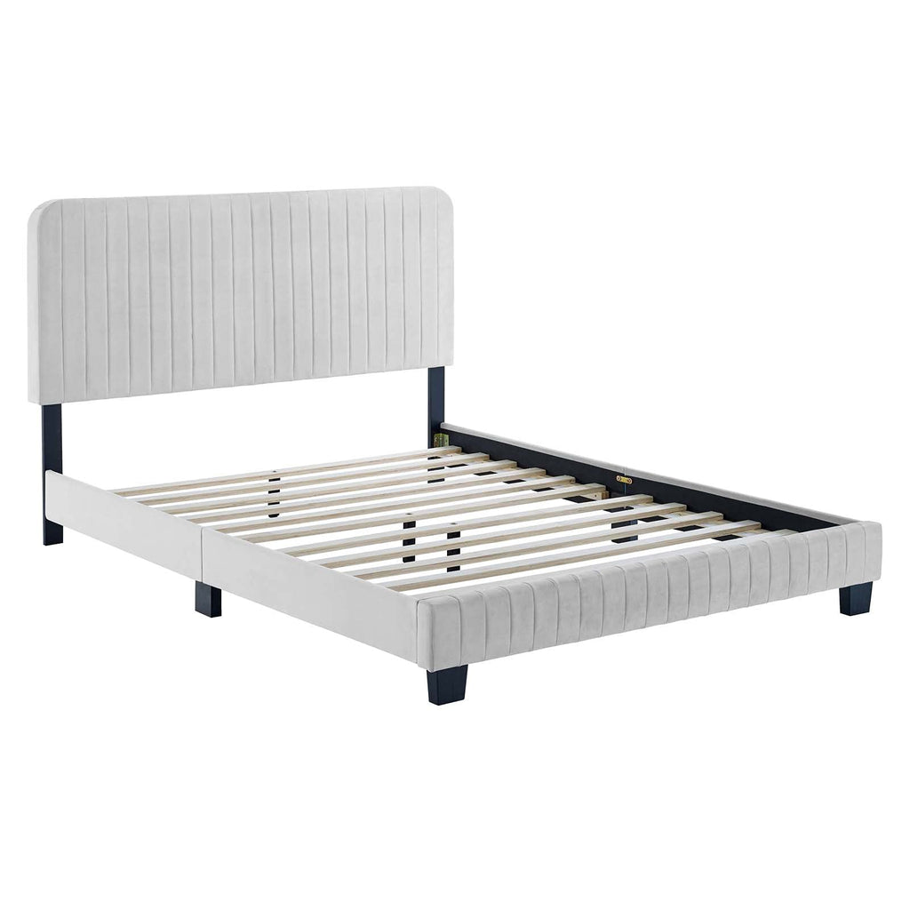 Modway Celine Channel Tufted Performance Velvet Full Platform Bed in Light Gray