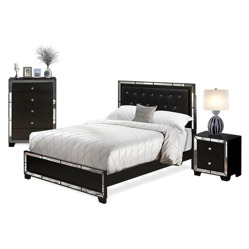 East West Furniture Ne11-Q1N00C 3-Pc Nella Bedroom Set With Button Tufted Queen Size Bed Frame, Chester Drawers And Night Stand For Bedroom - Black Faux Leather Queen Headboard And Black Legs