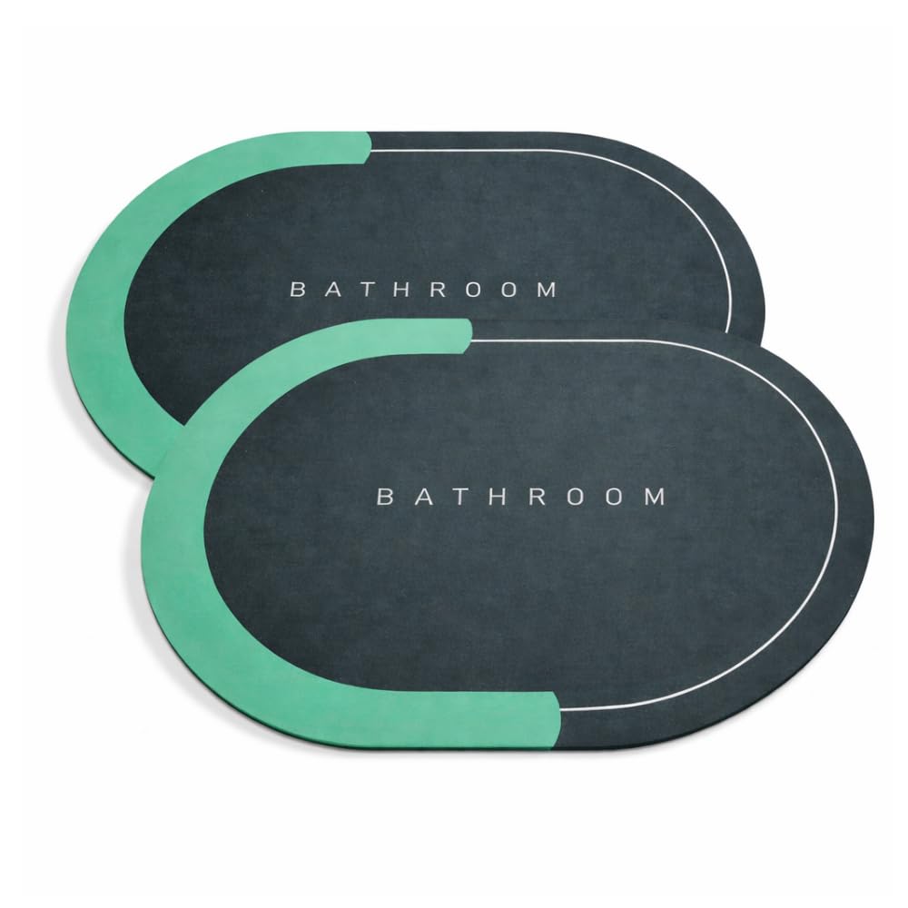 Door Mat Set of 2, AntiSlip Oval Floor Mats, Water Absorbent, Modern Green Gradient, Indoor Bath Rug