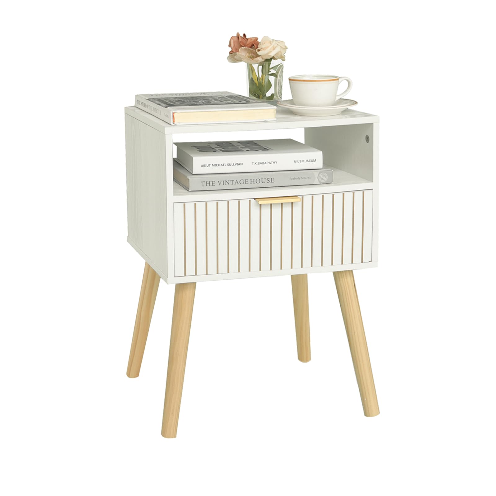 Maxsmeo White Nightstand, Mid Century Modern Nightstand, Small Bedside Table End Table For Bedroom With 2-Tier Storage, White