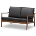 Baxton Studio Venza Mid-Century Modern Walnut Wood Black Faux Leather 2-Seater Loveseat Black/Wood