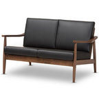 Baxton Studio Venza Mid-Century Modern Walnut Wood Black Faux Leather 2-Seater Loveseat Black/Wood