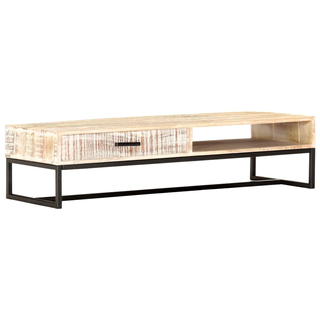 vidaXL Solid Acacia Wood Coffee Table - Handmade Living Room Furniture - Includes Drawer and Open Compartment for Storage - White Finish - 46.1 x 19.7 x 11.8 inches