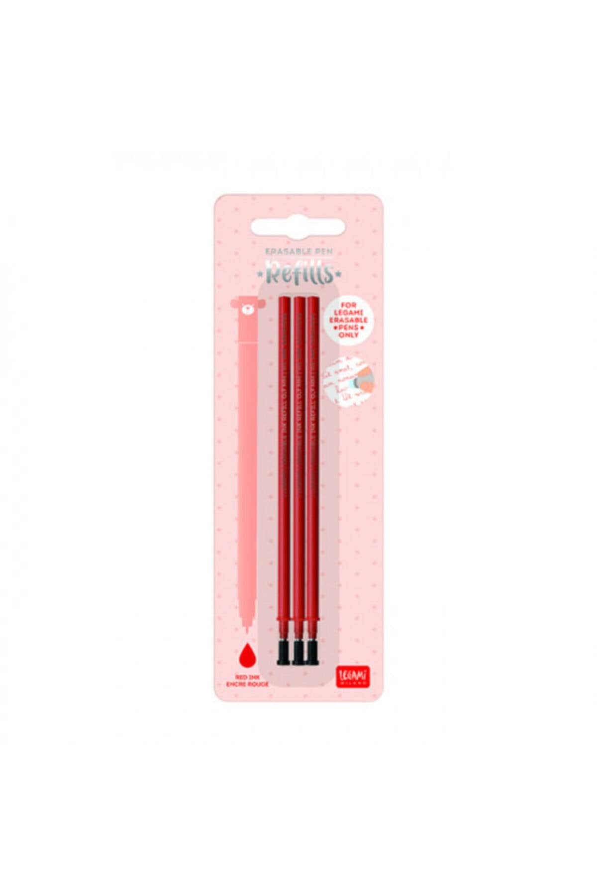 Legami Refill For Erasable Gel Pen, Set Of 3 Refills, 13 Cm Height, Red Thermosensitive Ink, 0.7 Mm Tip