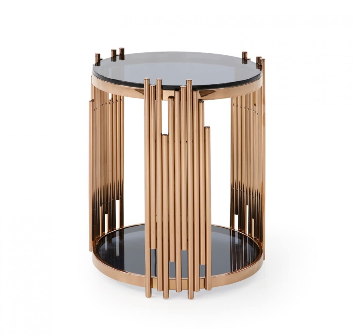 HomeRoots Rosegold Stylish Round Rose Gold and Smoked Glass End Table