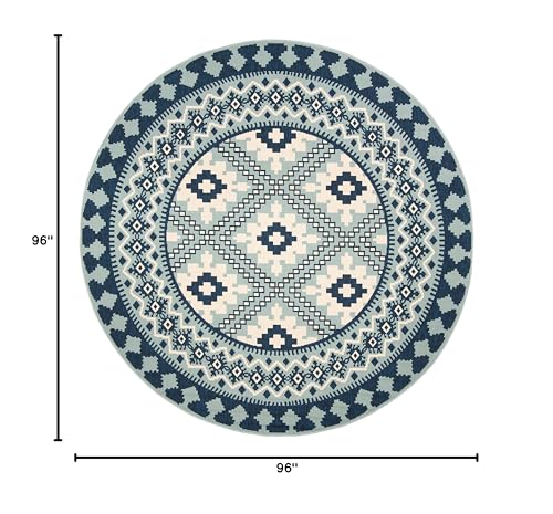 Safavieh Veranda Collection Area Rug - 8' Round, Ivory & Blue, Boho Design, Non-Shedding & Easy Care, Indoor/Outdoor & Washable-