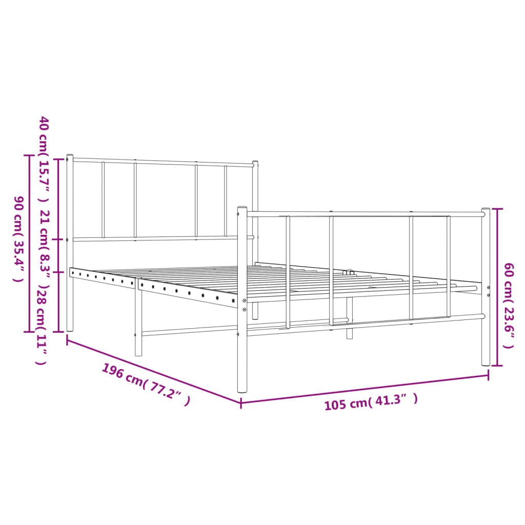 vidaXL Sturdy and Robust Metal Bed Frame with Headboard and Footboard, Powder-Coated Steel Construction, Classic Design, Extra Under-Bed Storage Space, Suitable for 39.4"x74.8" Mattress - Black