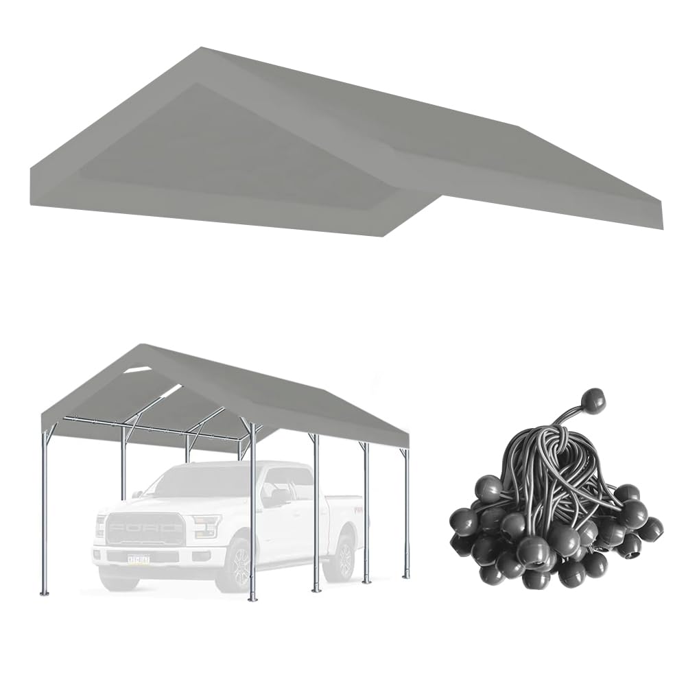 Vanteriam 12'X20' Upgraded Carport Replacement Top Canopy Cover For Car Garage Shelter Tent Party Tent With Ball Bungees Grey (O