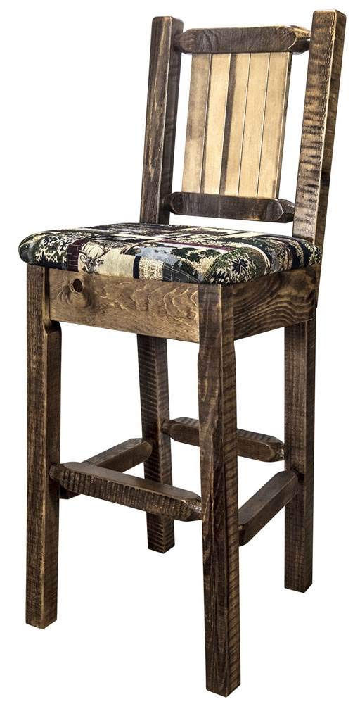 Montana Woodworks Homestead Collection Counter Height Barstool with Upholstered Seat, Woodland Pattern, Laser Engraved Bronc Design, Stained & Lacquered