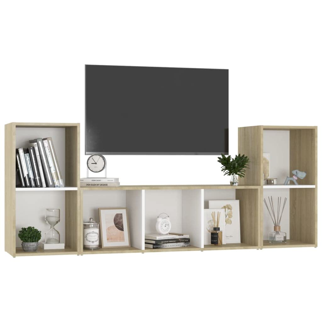 vidaXL TV Stand Set 3 Piece, TV Stand for Living Room, Sideboard with Storage, Media Unit Cupboard, Modern, White and Sonoma Oak Engineered Wood