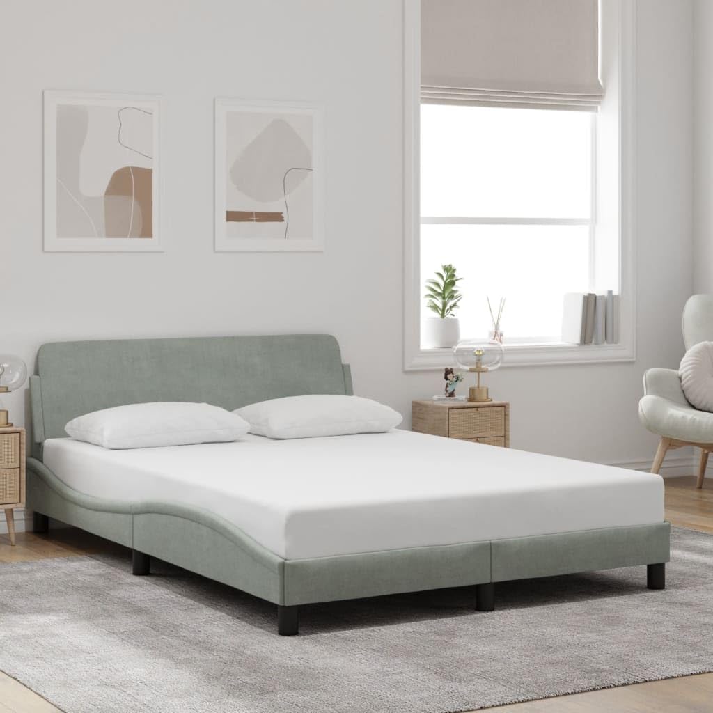 vidaXL Velvet Double Bed Frame with Headboard in Light Gray - Plywood Slats for Stability, 53.9x74.8, Bedroom Furniture