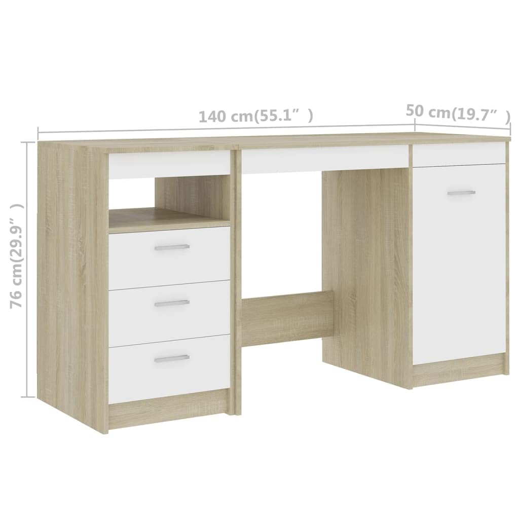 vidaXL Desk, Computer Desk with Storage Cabinet, Home Office Desk, Workstation for Living Room Bedroom, Modern, White and Sonoma Oak Engineered Wood