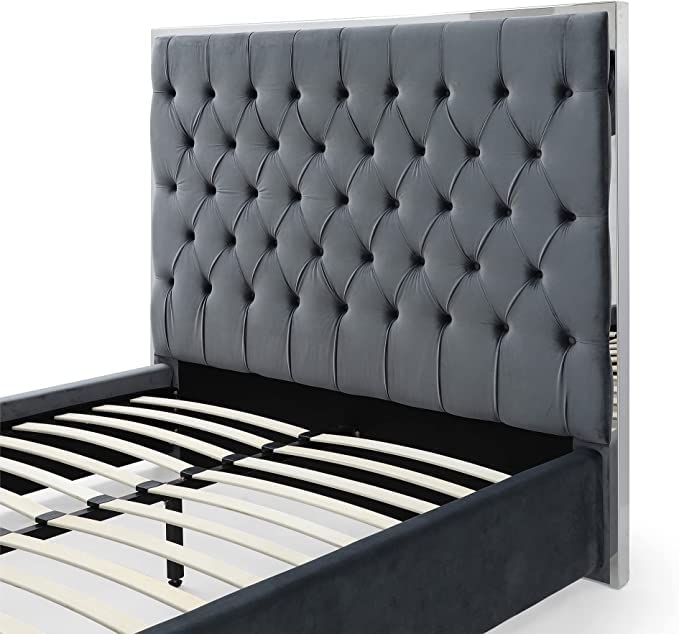 Woodpeckers Furniture And Mattress Sophia Velvet King Bed with Silver Metal Frame (Grey)