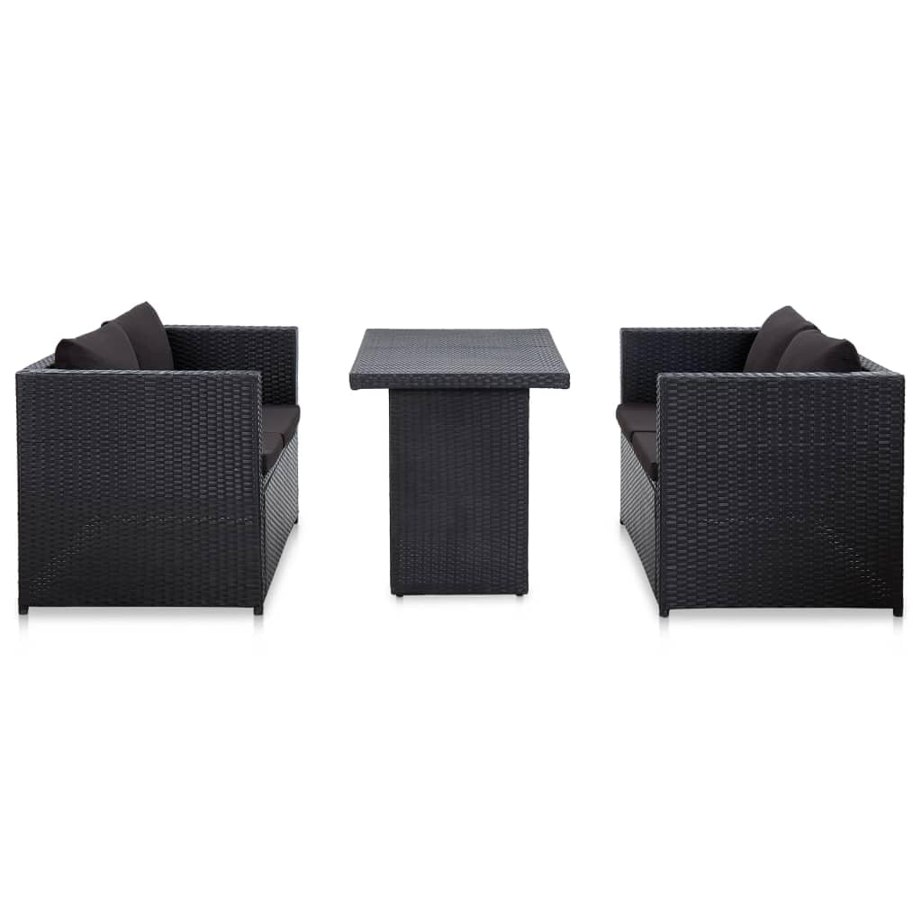vidaXL 3 Piece Patio Lounge Set with Cushions Poly Rattan Black
