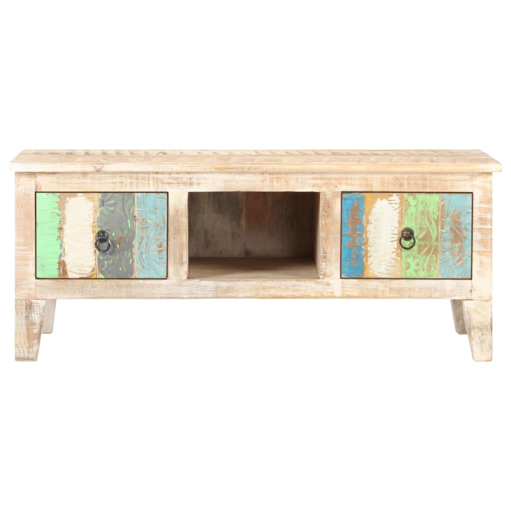 vidaXL Whitewashed Acacia Wood Coffee Table with Flower Carved Drawers and Compartment | Durable & Stable | Farmhouse-Bohemian Style | Ample Storage