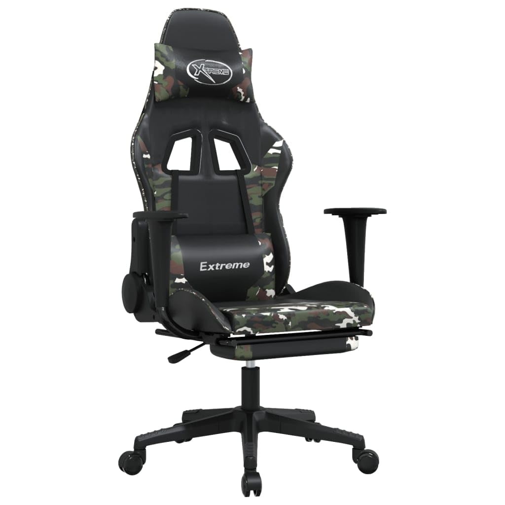 vidaXL Adjustable Gaming Chair with Footrest - Black and Camouflage, Faux Leather Upholstered Seat, Sturdy Frame, 360° Swivel Design