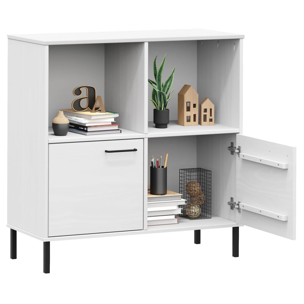 vidaXL Solid Pine Wood Bookcase with Metal Legs - White, Rustic, Durable, Spacious Compartments - Easy Assembly - Oslo Range