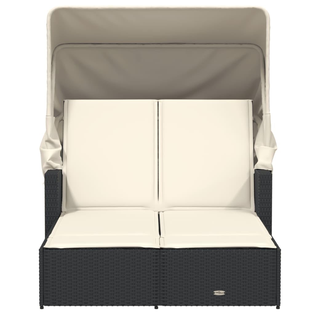 vidaXL Double Sun Lounger with Canopy and Cushions - Outdoor Adjustable Rattan Day Bed, Weather-Resistant, Black/Cream
