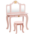 Honey Joy Kids Vanity, Crown Themed Toddler Dressing Makeup Table And Chair Set W/Drawer & Tri-Folding Mirror, Detachable Mirror, Princess Pretend Play Girls Vanity Set With Mirror And Stool(Pink)