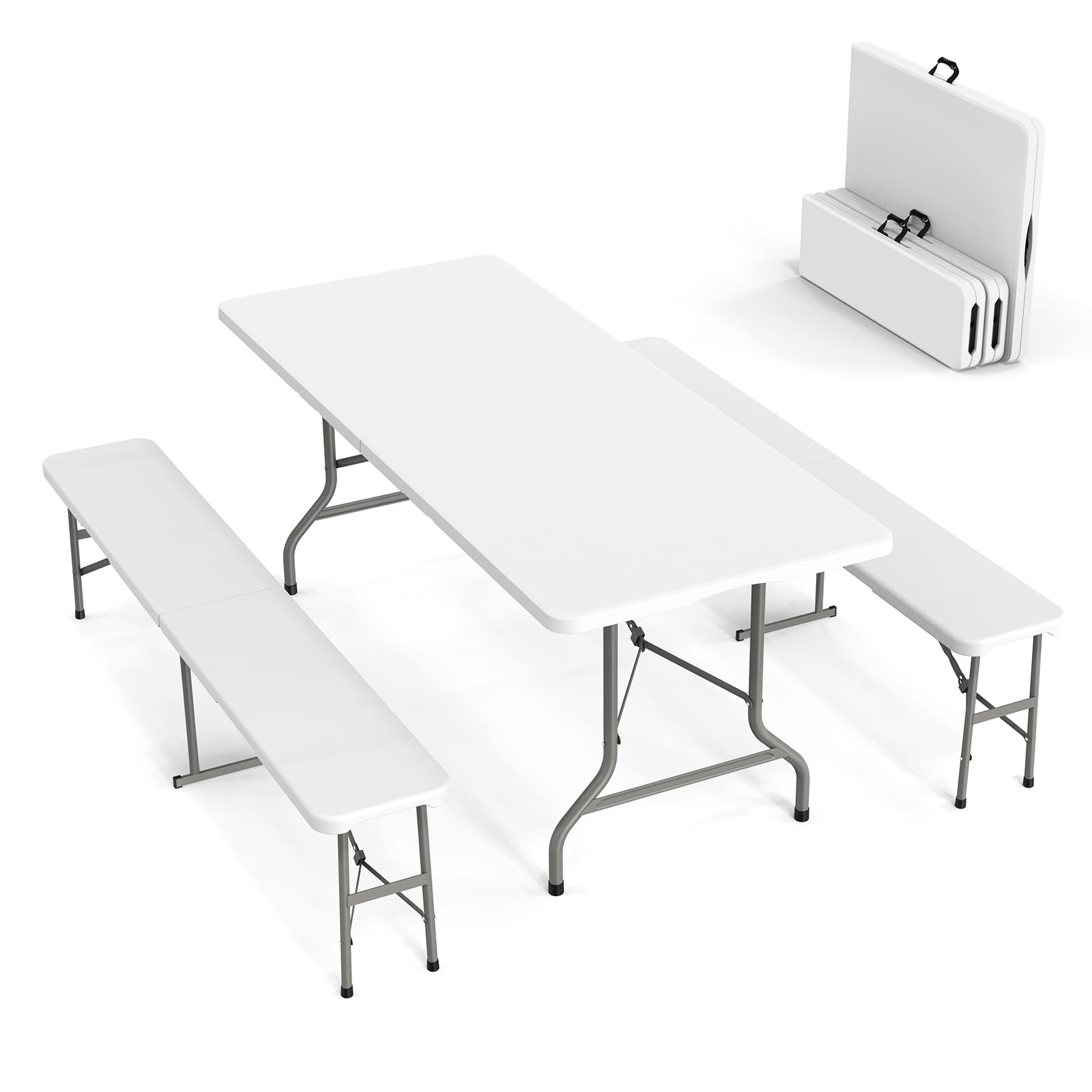 Vingli Picnic Table Set With 2 Benches, 6 Feet Camping Table Chair Set,3-Piece Folding Furniture For Indoor Or Outdoor Use, Smooth Tabletop, White