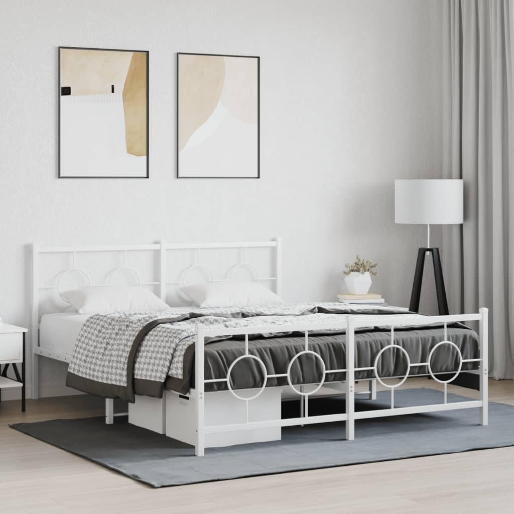 vidaXL White Metal Bed Frame-Industrial Double Bed with Headboard/Footboard, Bedroom Furniture, 81.5x61.4, Mattress Support