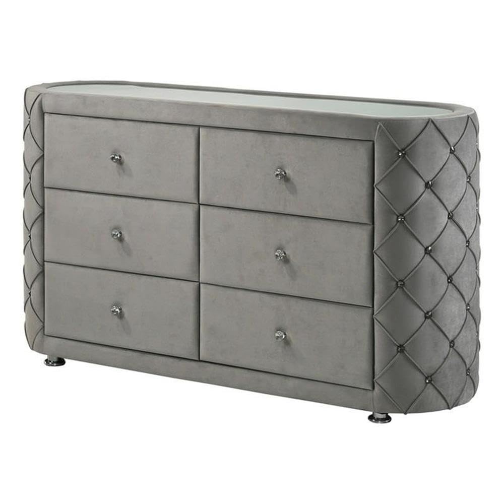 Acme Furniture 6 Drawers Upholstered Dresser with Button Tufting, Gray Velvet