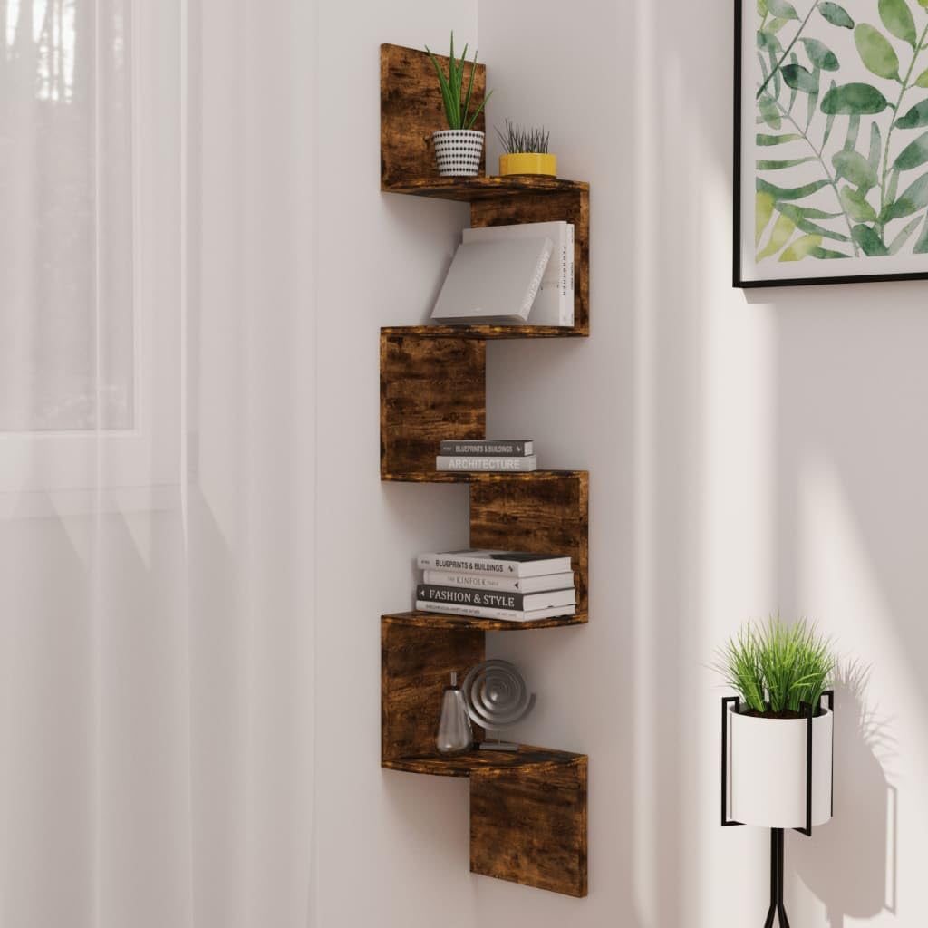 vidaXL Smoke Eiche Corner Shelf, 1 Shelf, Contemporary Style, Wall Mount, 7.5&quot; x 7.5&quot; x 48.4&quot;