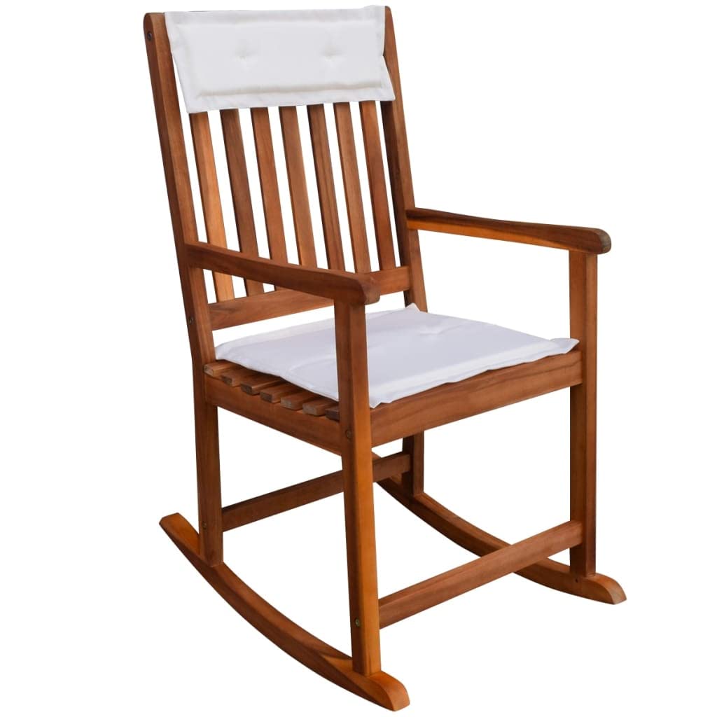 vidaXL Acacia Wood Rocking Chair - All-Weather High-Back Lounge Chair with Washable Cream White Cushions - Great for Garden, Balcony, Conservatory