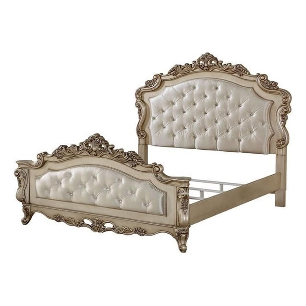 Acme Gorsedd Tufted Eastern King Panel Bed in Cream Fabric and Golden Ivory