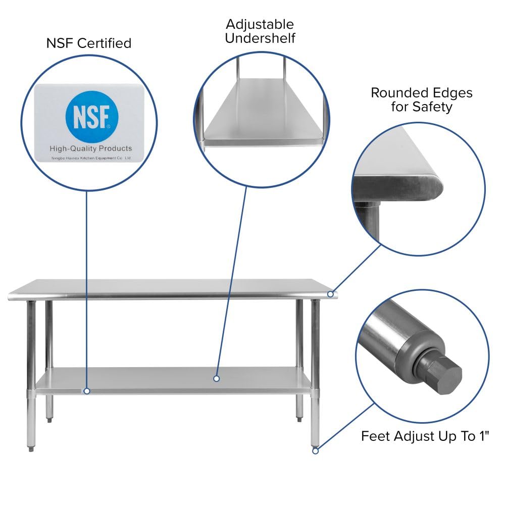 Flash Furniture Reese NSF Certified Stainless Steel Kitchen Prep and Work Table, Commercial Work Table with Storage, 60" W x 24" D x 34.5" H, Silver