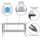 Flash Furniture Reese NSF Certified Stainless Steel Kitchen Prep and Work Table, Commercial Work Table with Storage, 60" W x 24" D x 34.5" H, Silver
