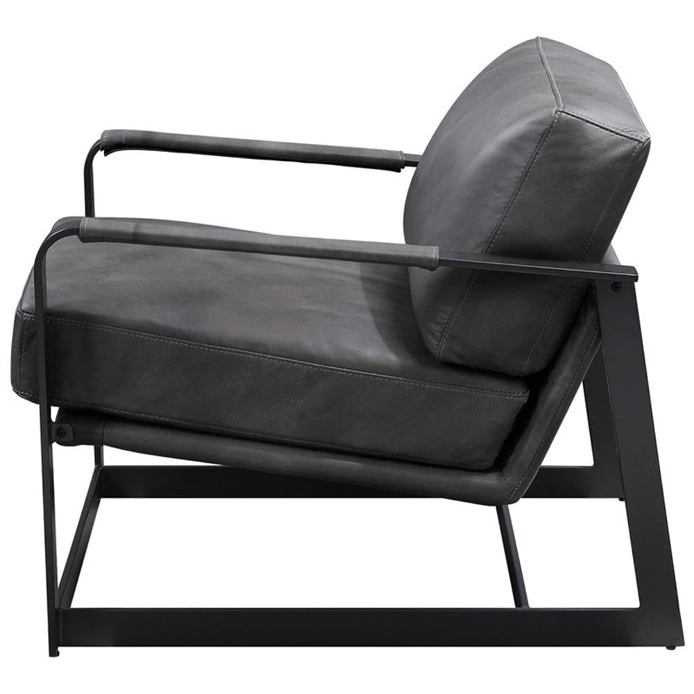 Acme Locnos Top Grain Leather Upholstered Accent Chair in Gray and Black
