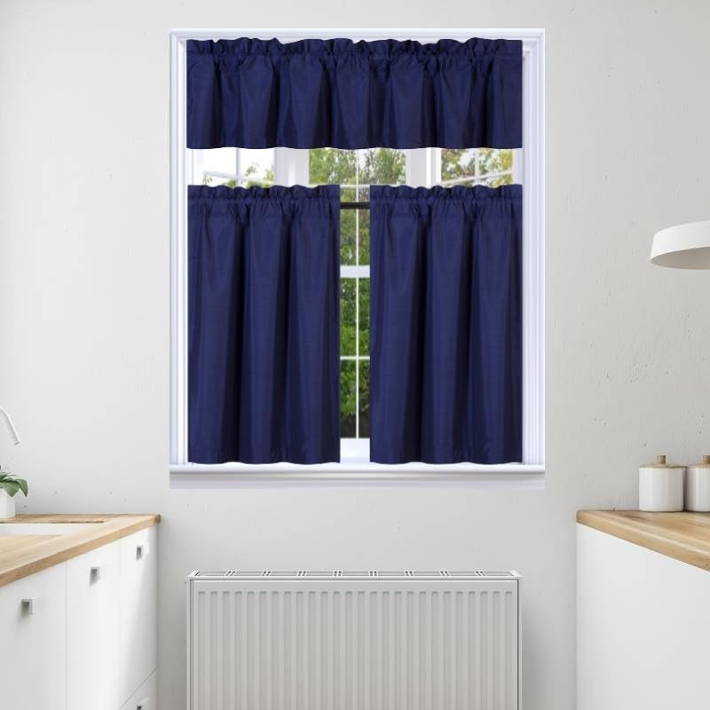 3Pc Set Solid Faux Silk Lined Blackout Rod Pocket Small Kitchen Window Curtain With Valance (K3) (Navy Blue)